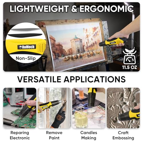 ROMECH 350W Heat Gun with 2 Nozzles, Dual Temp Heat Gun 400°F-660°F, Fast Heat Hot Air Gun with Overload Protection for DIY Craft Embossing Shrink Wrapping (Yellow) - Image 5