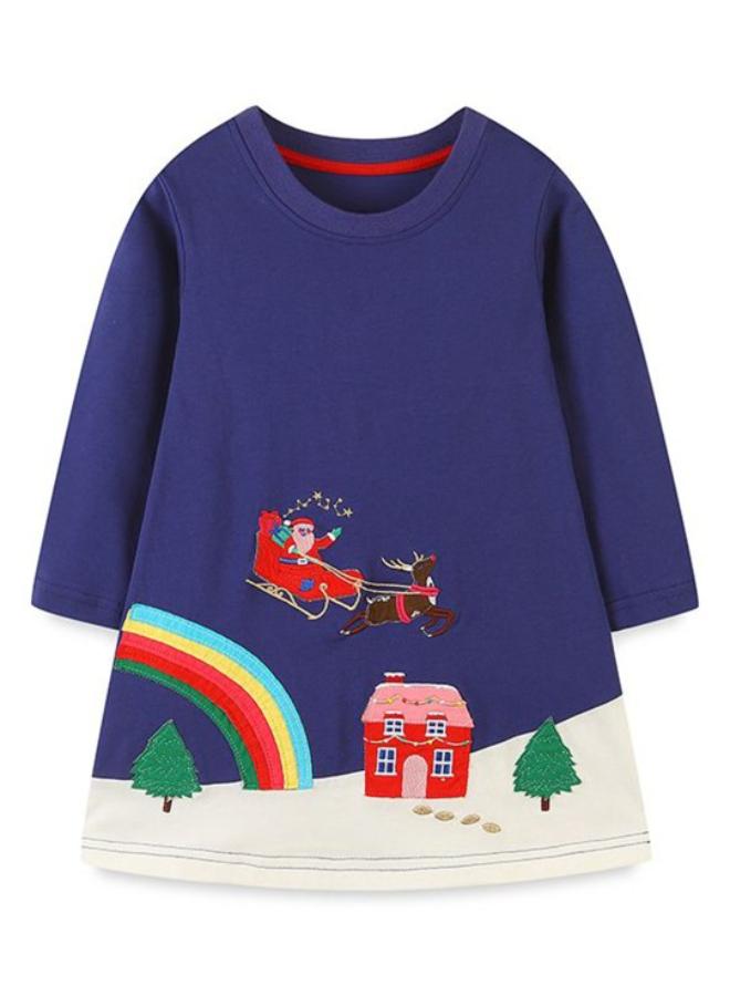 يونيكي Navy Blue A-Line Crew Neck Printed Dress - Image 2