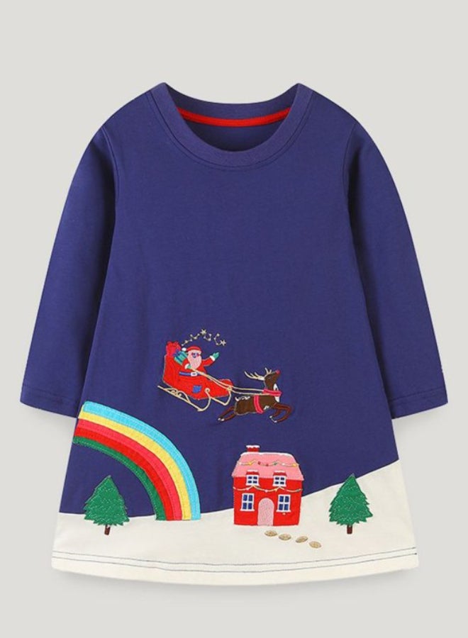 يونيكي Navy Blue A-Line Crew Neck Printed Dress - Image 1