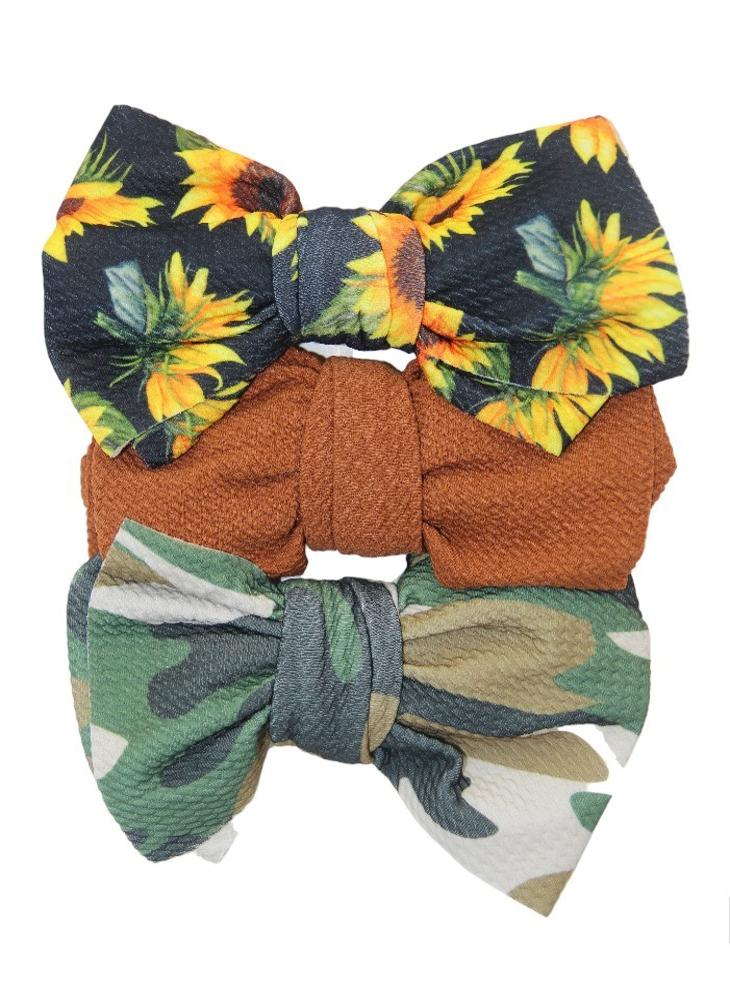 Bambimici Mira Assorted Big Ribbon Bow Headband For Babies Sunflower & Army Print - Image 1