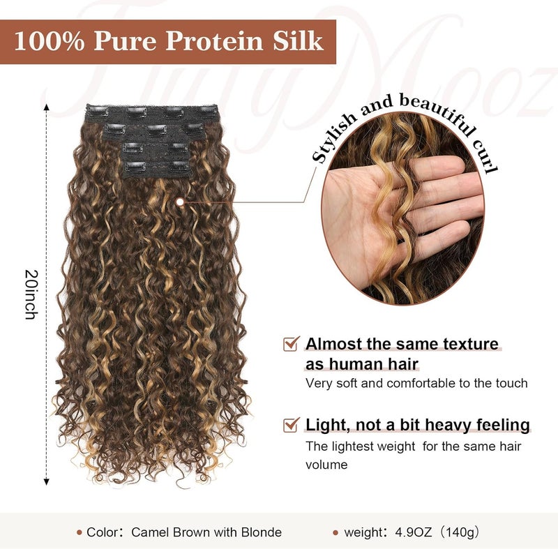 Flufymooz Clip in Hair Extensions, 4PC 100％ Pure Protein Silk Hair Extensions Long Soft Natural Hairpiece 20 Inch Curly Hairpiece for Women (Dark Golden Brown with Highlight) - Image 2