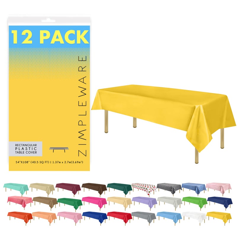ZIMPLEWARE Premium Yellow Plastic Table Cloth Disposable 12 Pk Plastic Tablecloths for Rectangle Tables 54in x 108in Party Table Cloths Disposable for 6ft to 8ft Rectangle Tables