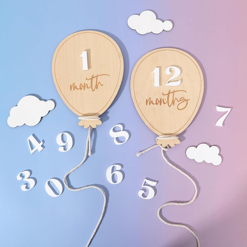ZZDCMS Wooden Balloon Milestone Sign  Balloon Baby Monthly Growth Record MarkersBaby Wooden Balloon Announcement SignNewborn 112 Months Photo PropsBoy Girl Balloon Milestone Sign - Image 1