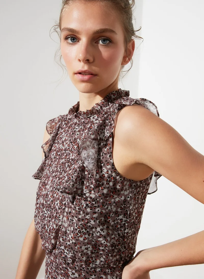 trendyol Ruffle Trim Leopard Print Dress