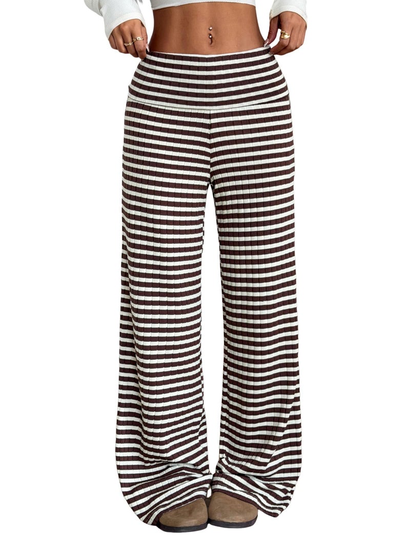 ZAFUL Women's Striped Pants Casual Fold Waist Wide Leg Pants Lightweight Comfy Stretchy Loose Lounge Pajama Pants(0-Brown,L) - Image 1