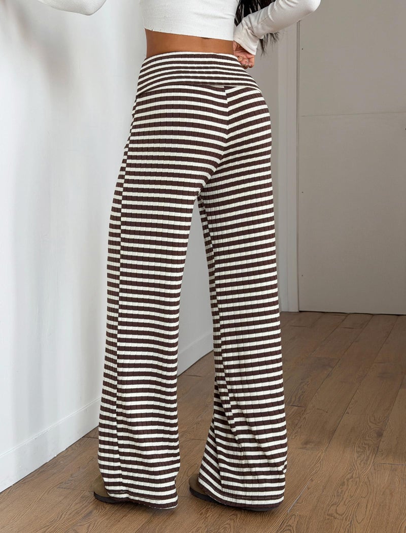 ZAFUL Women's Striped Pants Casual Fold Waist Wide Leg Pants Lightweight Comfy Stretchy Loose Lounge Pajama Pants(0-Brown,L) - Image 2