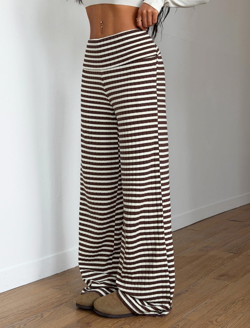 ZAFUL Women's Striped Pants Casual Fold Waist Wide Leg Pants Lightweight Comfy Stretchy Loose Lounge Pajama Pants(0-Brown,L) - Image 5
