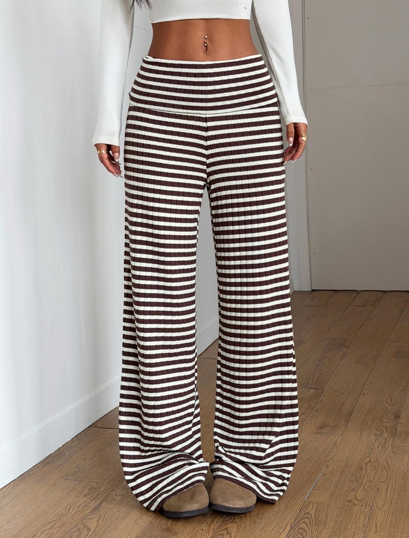 ZAFUL Women's Striped Pants Casual Fold Waist Wide Leg Pants Lightweight Comfy Stretchy Loose Lounge Pajama Pants(0-Brown,L) - Image 3