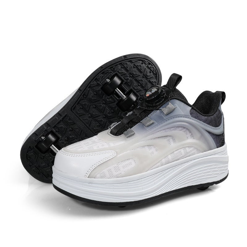 Childrens walking shoes four-wheel skating shoes retractable double-row skating shoes boys and girls students sneaker with wheels Black