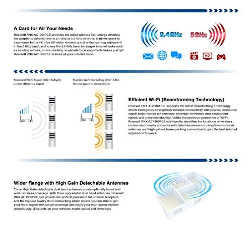 Rosewill روزويل RNX-AC1900PCE Rnx-AC1900PCE، محول واي فاي PCI إكسبريس مزدوج النطاق AC1900، 802.11AC، 11AC 1900Mbps - Image 3