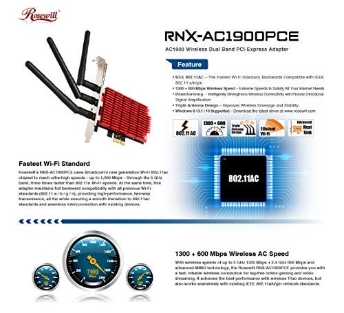 Rosewill روزويل RNX-AC1900PCE Rnx-AC1900PCE، محول واي فاي PCI إكسبريس مزدوج النطاق AC1900، 802.11AC، 11AC 1900Mbps - Image 2