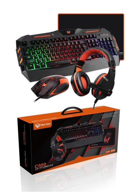 MT-C505 4 in 1 Gaming Combo Kit Anti Ghost RGB Gaming Keyboard 8 Buttons 3200DPI Gaming Mouse, Backlit Gaming Headphone With Omni Directional Microphone, High Precision Gaming Mouse Pad