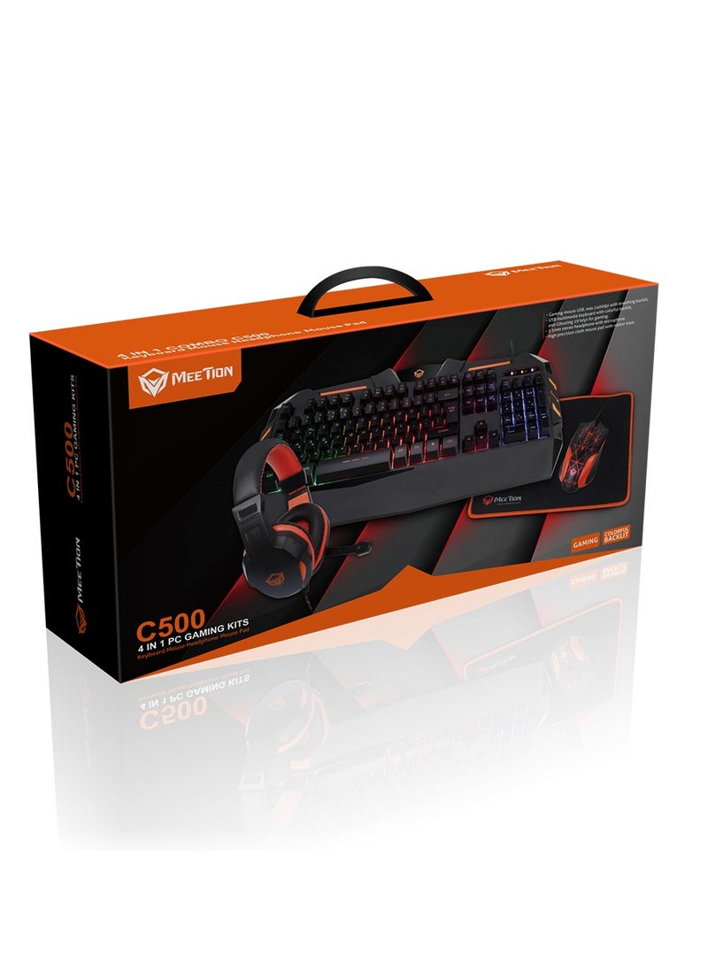 MT-C505 4 in 1 Gaming Combo Kit Anti Ghost RGB Gaming Keyboard 8 Buttons 3200DPI Gaming Mouse, Backlit Gaming Headphone With Omni Directional Microphone, High Precision Gaming Mouse Pad