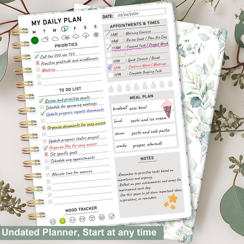 PIOOJK Daily Planner Undated - 6.5"x8.5" To Do List Notebook Spiral Appointment Planner to Organize Tasks & Boost Productivity, Perfect Office & School Supplies for Women & Men, Greenery - Image 3