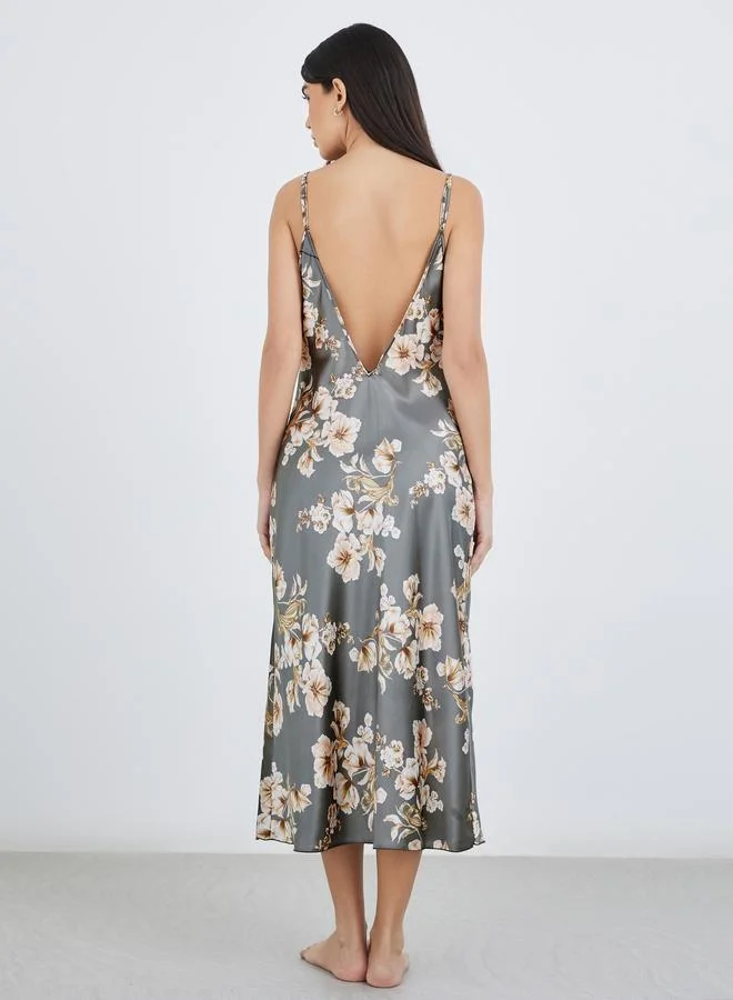 Styli Styli Floral Print Side Slit Slip Dress