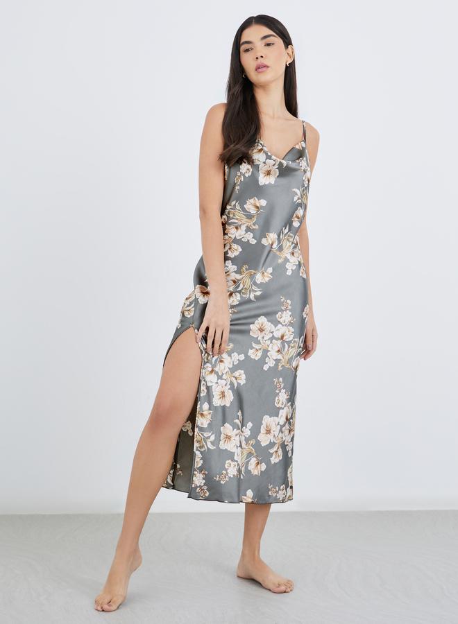 Styli Floral Print Side Slit Slip Dress - Image 1
