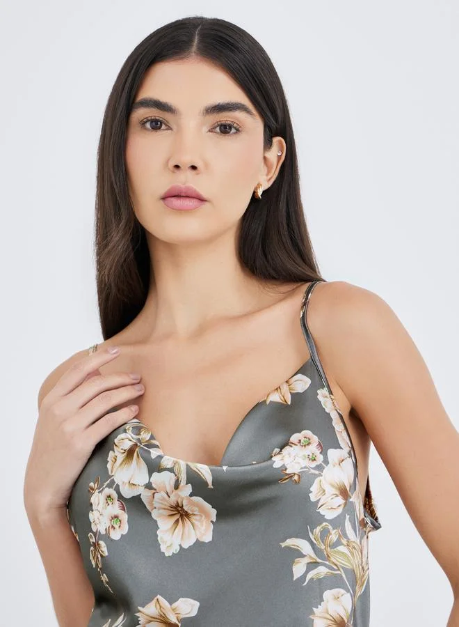 Styli Styli Floral Print Side Slit Slip Dress