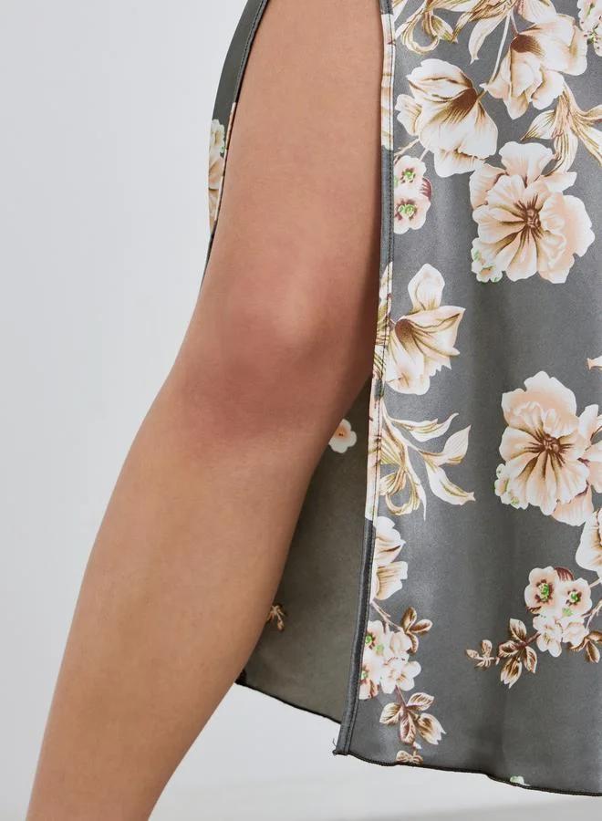Styli Styli Floral Print Side Slit Slip Dress