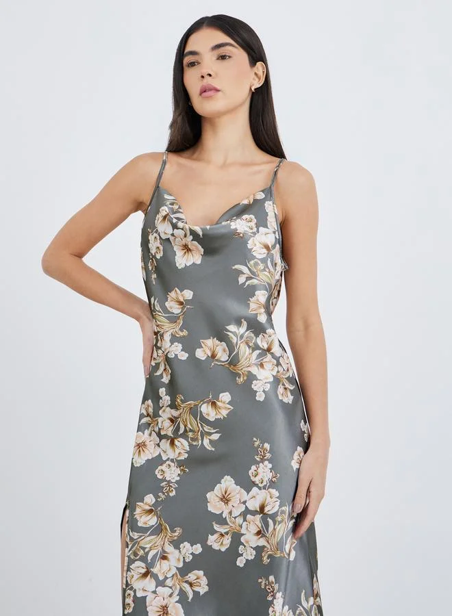 Styli Styli Floral Print Side Slit Slip Dress
