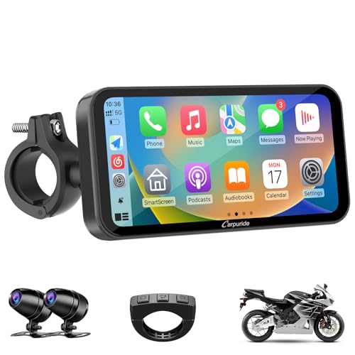 Carpuride W603D Motorcycle GPS Carplay Screen, Wireless CarPlay & Android Auto for Moto, with HD 1080P Dual Cameras, Remote Control，6.3" Waterproof Touchscreen, BT Aduio, Loop Recording, Navigation - Image 1