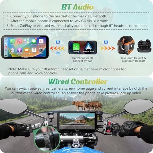 Carpuride W603D Motorcycle GPS Carplay Screen, Wireless CarPlay & Android Auto for Moto, with HD 1080P Dual Cameras, Remote Control，6.3" Waterproof Touchscreen, BT Aduio, Loop Recording, Navigation - Image 4