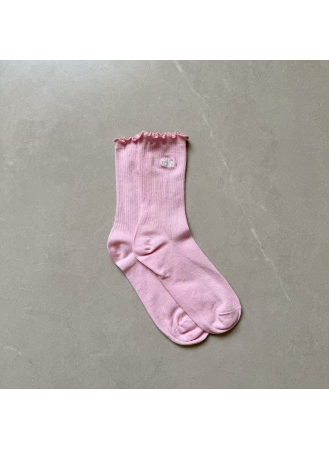 alo Alo New Lace Candy Color Solid Embroidered English Spring/Summer Women's Ruffled Socks 