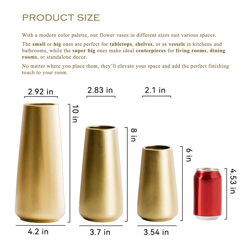 HUBUISH Light Gold Vase - 10"" Gold Ceramic Flower Vase For Home/Table/Accent Decor  Minimalist Modern Vases Ceramic For Centerpieces  Room Decor  Living Room  Bedroom Or Gift - Image 2