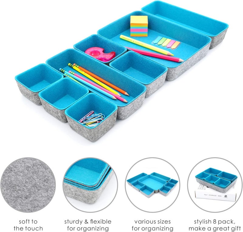 Welaxy desk drawer organizer tray felt storage bin for home office entryway catchall key holder makeup crafts pens decluttering 8-piece gift Solution (Turquoise) - Image 4