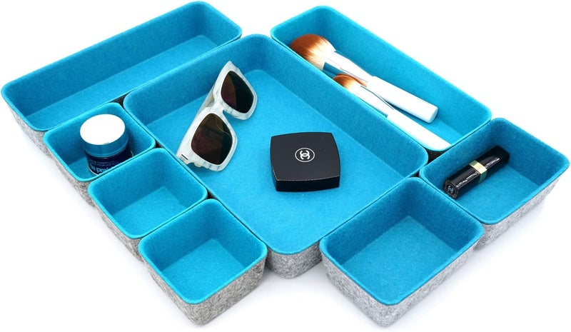 Welaxy desk drawer organizer tray felt storage bin for home office entryway catchall key holder makeup crafts pens decluttering 8-piece gift Solution (Turquoise) - Image 1