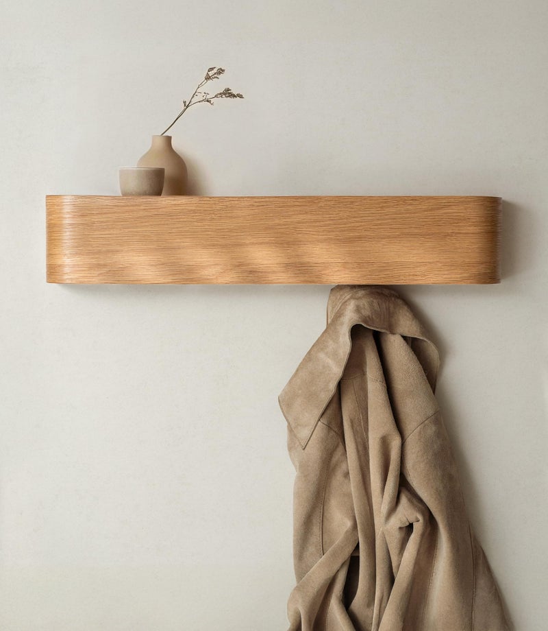 Kazai. Wall-Mounted Coat Rack 'Toke' - Modern Design Coat Rack with Hidden Wall Hooks - Solid Wood Veneer Panel Coat Hanger - Oak - Image 1