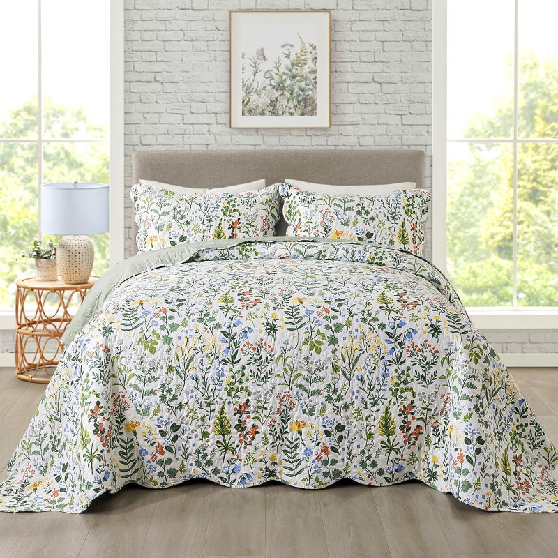 Travan 3-Piece Quilt Set Quilted Bedspread Lightweight Coverlet Set Garden Style Floral Printed Oversized Quilted Bedding Set with Shams for All Season, Exquisite, King Size - Image 1