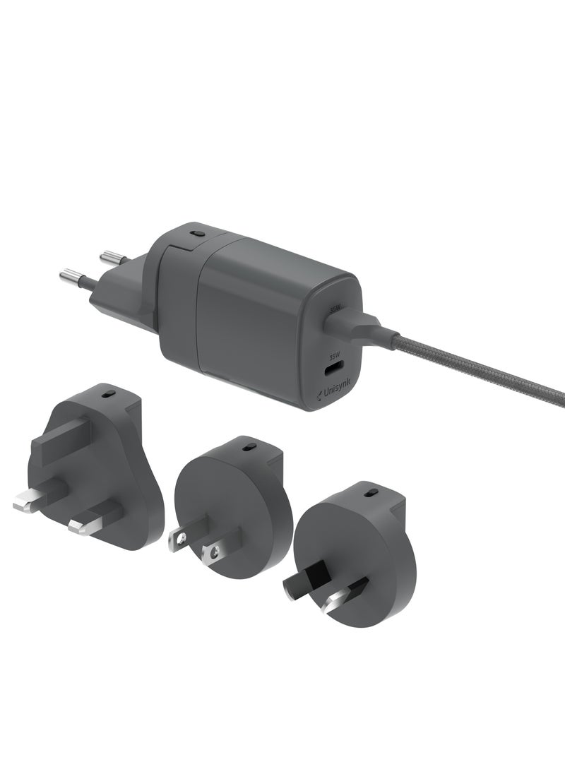 Unisynk - UNISYNK 2-Port Global Multi-Charger Kit 2C 35W, Dual USB-C Fast Charging, Compact & Portable - Grey - Image 1