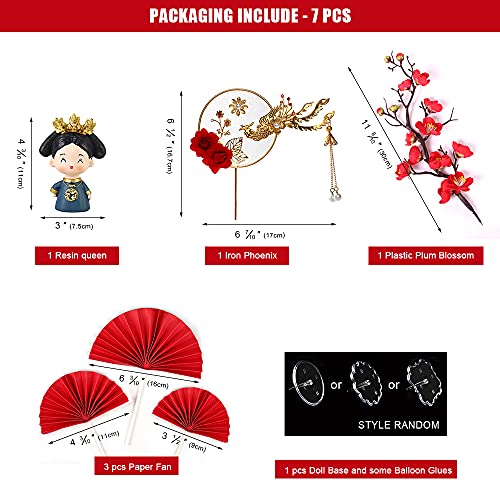 Aprildecember Traditional Chinese Wedding Cake Toppers - Set of 7 - Queen Figurine, Plum Blossom, Phoenix, 3 pcs Fans and Doll Base - Image 2