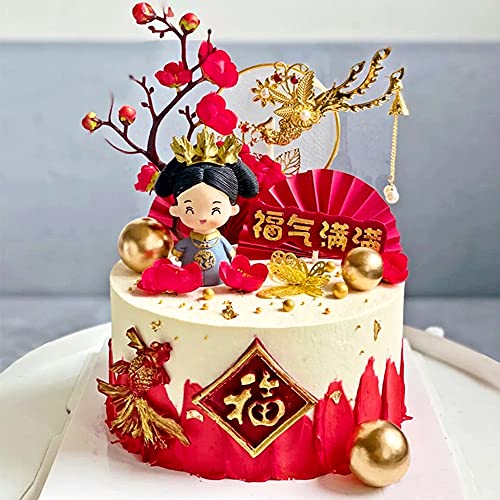 Aprildecember Traditional Chinese Wedding Cake Toppers - Set of 7 - Queen Figurine, Plum Blossom, Phoenix, 3 pcs Fans and Doll Base - Image 5