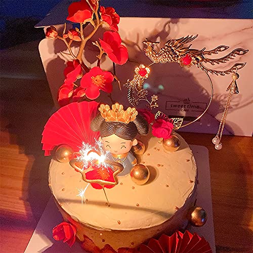 Aprildecember Traditional Chinese Wedding Cake Toppers - Set of 7 - Queen Figurine, Plum Blossom, Phoenix, 3 pcs Fans and Doll Base - Image 3