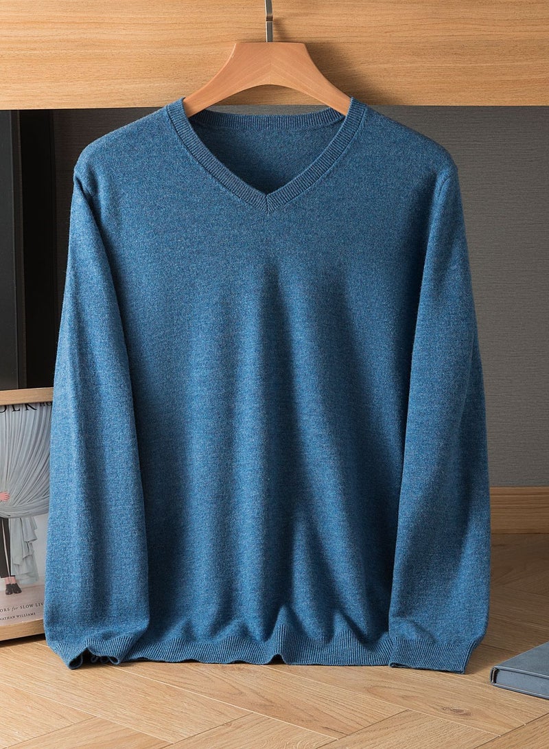 Loquat Men's Winter Pure Wool Solid Color V-neck Sweater 