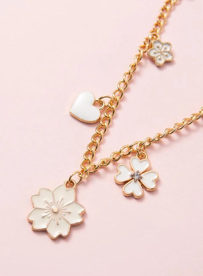 Take Two Girls Gold Tone Charm Bracelet with Enamel Heart and Floral Pendants