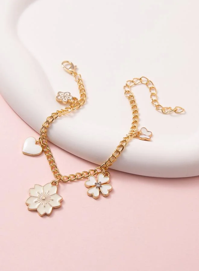 Take Two Girls Gold Tone Charm Bracelet with Enamel Heart and Floral Pendants