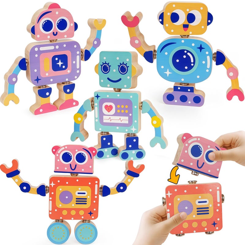 Fqkiomy Robot Toys For Kids 3-5 Montessori Wooden Learning Toy With Take Apart Features Robots Stem Educational Play Fine Motor Games For Toddler Boys Girls - Image 1