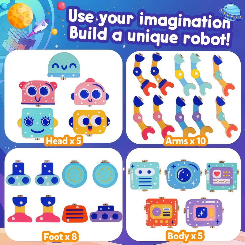 Fqkiomy Robot Toys For Kids 3-5 Montessori Wooden Learning Toy With Take Apart Features Robots Stem Educational Play Fine Motor Games For Toddler Boys Girls - Image 2