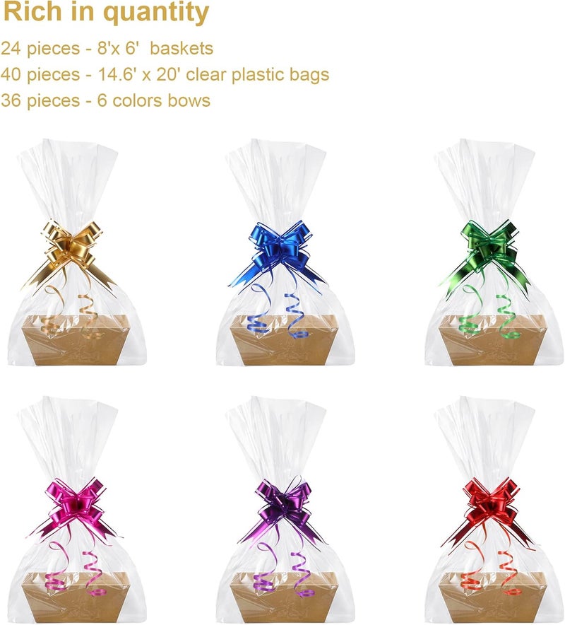 Canlierr 24 Sets Gift Baskets Empty Kit with 8 x 6 x 3 Inches Kraft Tray Cardboard Basket Plastic Bags and Multicolor Bows for Christmas Wedding Birthday - Image 5