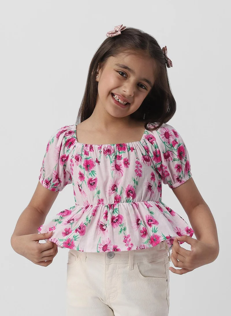 Nautinati Nautinati Girls Floral Print Puff Sleeve Fit and Flare Top