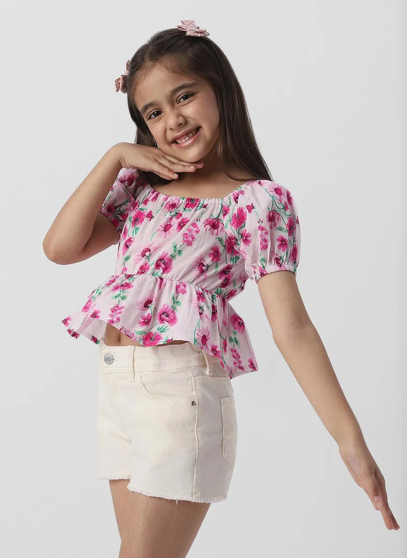 Nautinati Nautinati Girls Floral Print Puff Sleeve Fit and Flare Top