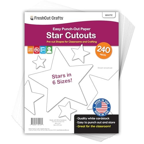 FreshCut Crafts 240 Pieces Star Cutouts, 2-Sided US Made Card Stock Punch Out White Stars for Bulletin Boards, Classroom Decor, Back to School DIY Craft Projects, Party Decoration, Hollywood Themed Events - Image 1