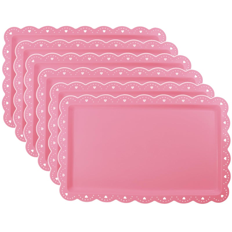 FEOOWV Set of 6 Plastic Serving Trays Food Tray - 14" x 9" Rectangle Serving Platter for Party Cafeteria Kitchen Restaurant, Small Flat Trays for Dessert Fruit Cookie Snack (6, Pink) - Image 1