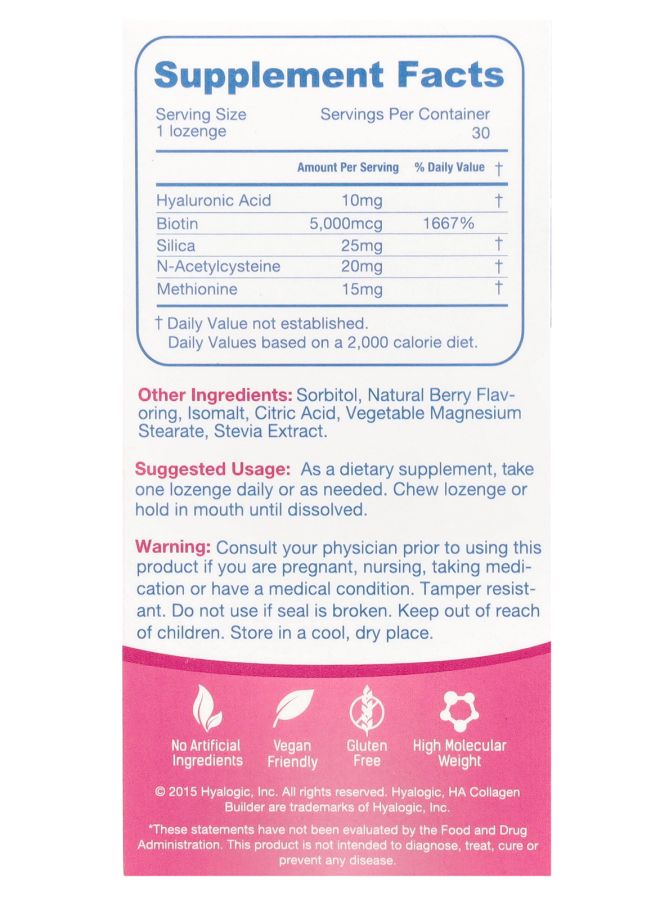 Hyalogic HA Collagen Builder Hyaluronic Acid + Biotin +Silica Mixed Berry 30 Chewable Lozenges - Image 2