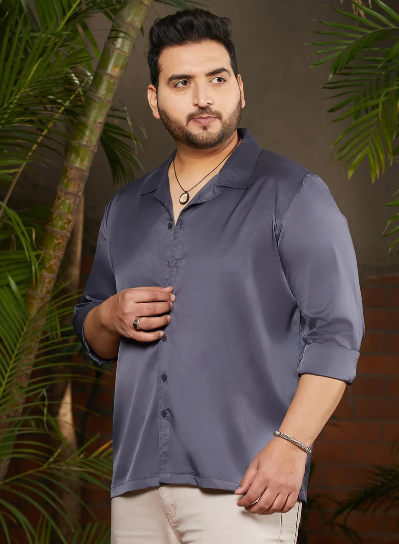 Instafab Plus Instafab Plus Men's Charcoal Black Solid Satin Shirt For Casual Wear | Cuban Collar | Long Cuffed Sleeves | Button Closure | Plus Size Shirt Crafted With Comfort Fit For Everyday Wear