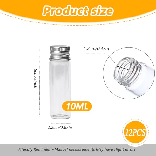 UPSTORE 12PCS Empty Clear Travel Portable Glass Wish Bottles with Silver Aluminum Cap Essential Oil Powders Cream Ointments Grease Storage Container Jars Cosmetic Makeup Sample Packing Holder(10ml/0.34oz) - Image 2