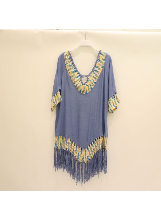 European And American Large Size Crochet Flower Tassel Air-conditioning Shirt Beach Sunscreen Blouse Shirt Sweet Style Women's Swimsuit-Color:Navy Blue-  - Image 1