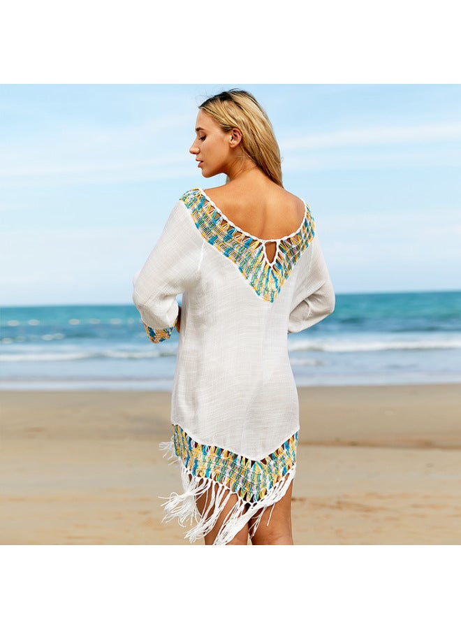 European And American Large Size Crochet Flower Tassel Air-conditioning Shirt Beach Sunscreen Blouse Shirt Sweet Style Women's Swimsuit-Color:Navy Blue-  - Image 5